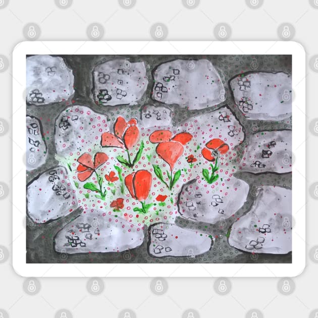 Red blossoms and gray stones. Sticker by Maltez